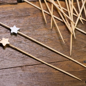 20 x Sliver & Gold Star Wooden Cocktail Stick Party Picks Food Decor Wedding