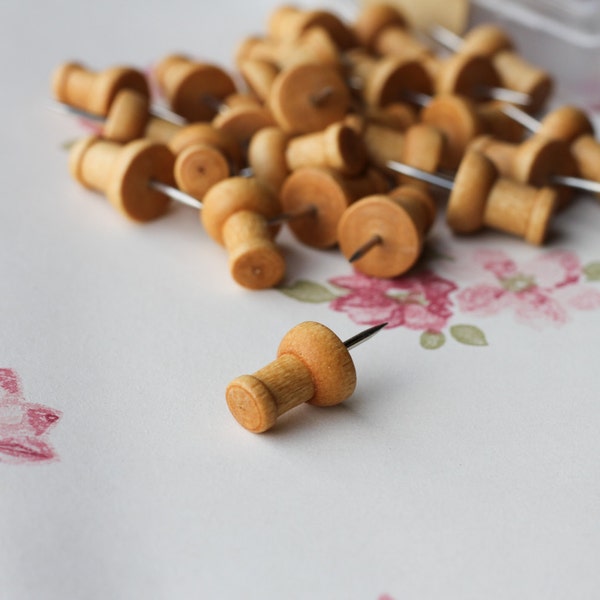 Wooden Push Pin 25 Drawing Pins Rustic Brown Cork Board Map Office Thumb VAT