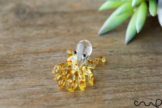Yellow Glass Octopus Figurine, Handmade Sea Life Decor, Mini Collectable Gift