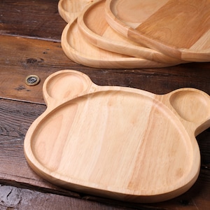 4 x Natürliche Hölzerne Bärenplatte Serviertablett Tee Food Servierschalen, Handgefertigtes Holztablett Geschenk Niedlicher Teller Kinder Esszimmer
