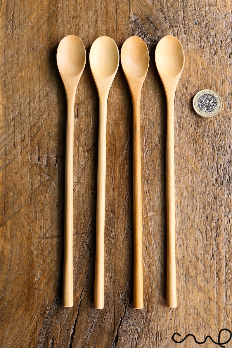 Set 4 Wide Oval Handmade Wooden Teaspoon 21.5cm Serving Utensil Coffee Gift