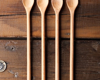 4 x Handcrafted Wooden Spoons Round Headed Long Teaspoons 22cm Coffee Serving Unique