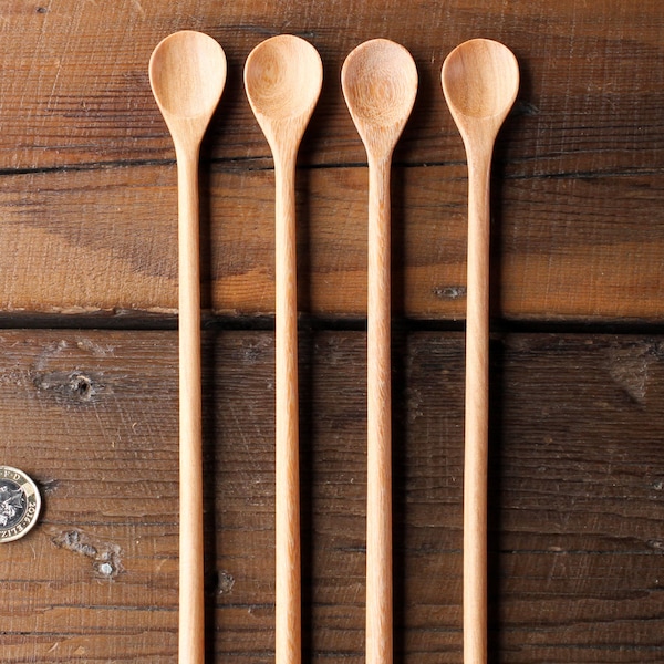 4 x Handcrafted Wooden Spoons Round Headed Long Teaspoons 22cm Coffee Serving Unique