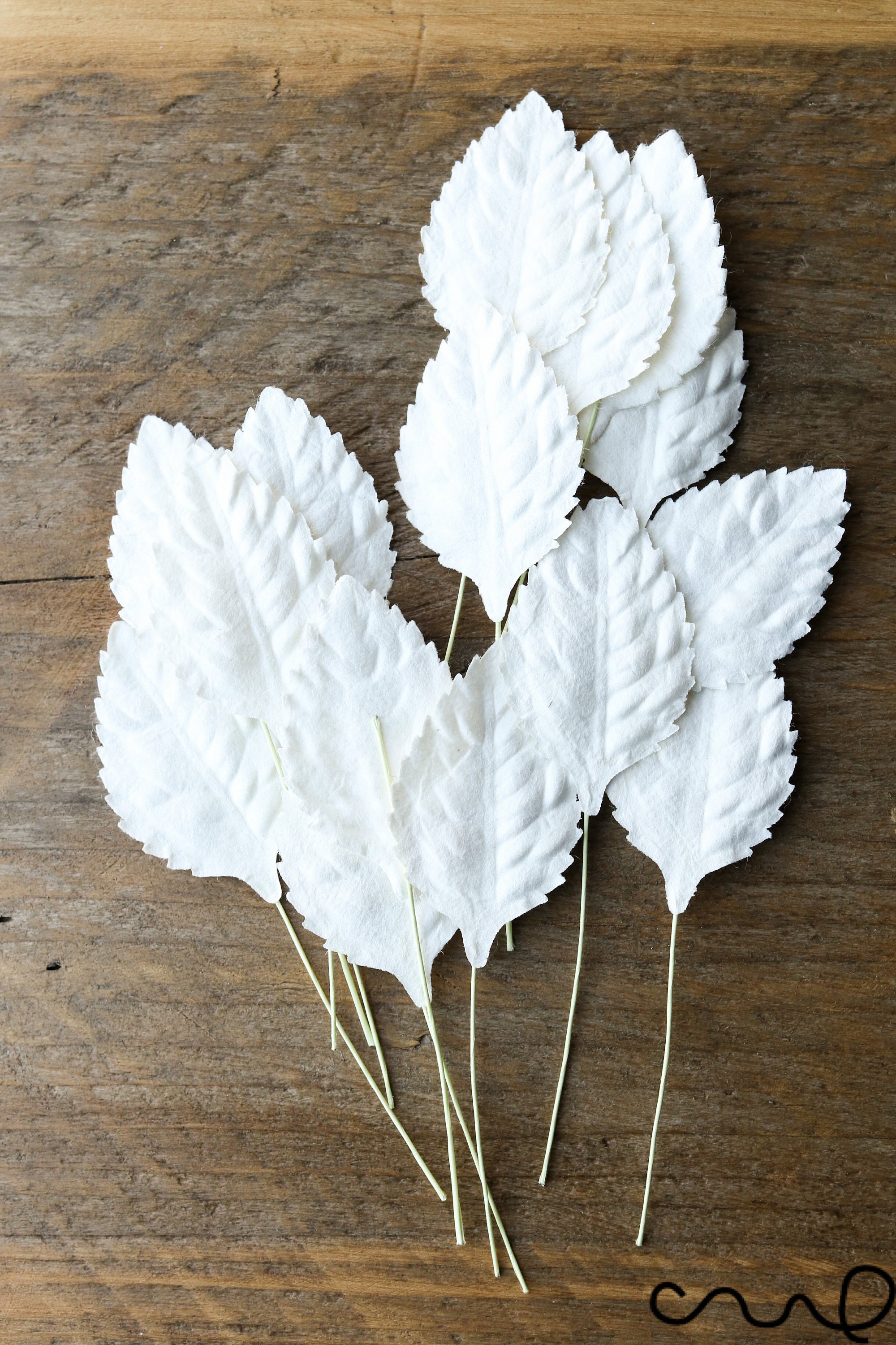 20 x White Mulberry Paper Leaves Stem Craft Card Making Wedding Deco Bouquet