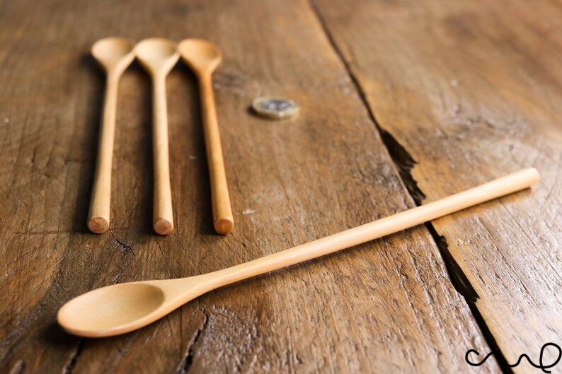 Set 4 Wide Oval Handmade Wooden Teaspoon 21.5cm Serving Utensil Coffee Gift