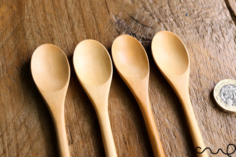 Set 4 Wide Oval Handmade Wooden Teaspoon 21.5cm Serving Utensil Coffee Gift
