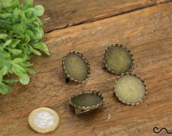 4 Scalloped Brooches Back Antique Bronze Brass Flat Round Cabochon Base Settings