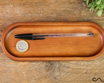Handmade Small Wooden Oval Key Tray Office Organise Coin Brown Solid Timber