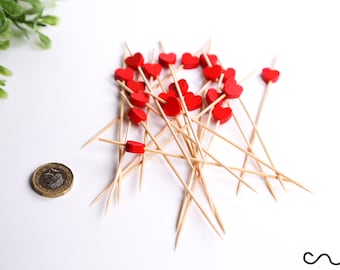 20 x Red Heart Head Wooden Cocktail Stick Party Picks Food Decor Toothpicks