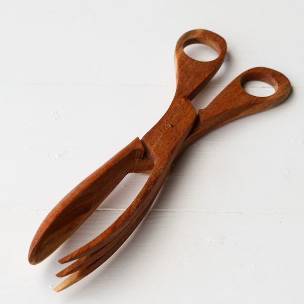 Wooden Salad Pair of Tongs Eco Friendly Fork Spoon Serving Scissors Kitchen Handmade