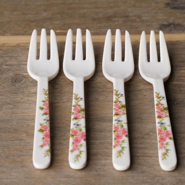 Set of 4 Vintage Shabby Chic Floral Melamine Forks Small Kids Dessert Cake