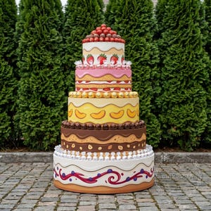 May include: A multi-tiered decorative cake sculpture featuring painted layers of strawberries, peaches, chocolate, and blueberries. The structure is adorned with real wrapped candies and chocolates between each layer, topped with a pile of red candies.