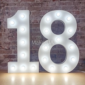 Light Up Number 18 + LED Bulbs Marquee Large Giant Birthday Party Prop Decorations Sign Wedding Backdrop Neon Photo Booth Letter White Decor