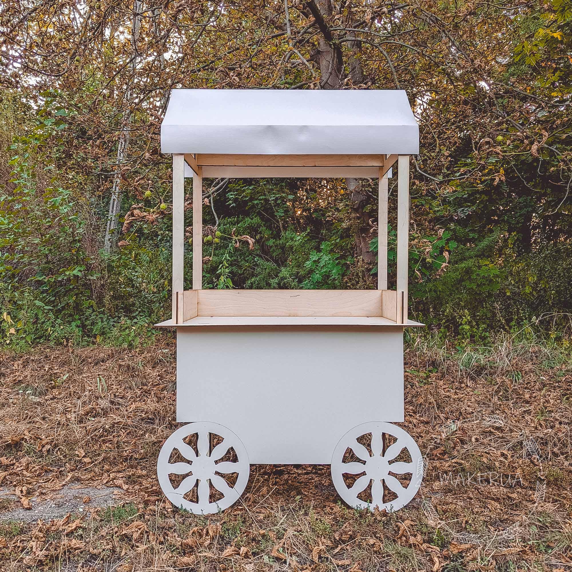 White Wooden Cart stand display wedding birthday product display stand food catering event festival christmas market wheels bar party decor