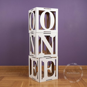 ONE First Birthday Balloon Boxes, 1st Birthday Decor, Cake Smash Photo Prop, White Wooden Letter Cubes, Baby Shower Name Box Year Milestone