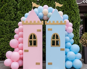 Tower Castle Kingdom Cartoon Medieval Fantasy Palace Fairyland Arch Backdrop House Girl Balloons Birthday Party Event Prop Decorations Decor