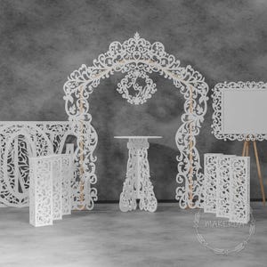 Conjunto de cerimônia de casamento, arco branco, mesa, coluna, decoração de carta de amor, caramanchão, renda vazada, portão, peça central, gazebo, estilo boho, decoração com recorte superior