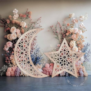 Wooden Moon Star Arabic Moroccan Islamic Wall Panel Decoration Mehraab Backdrop Arch Lamp Geometric Pattern Ramadan Mosque Prayer Room Decor