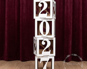 2027 New Years Balloon Boxes, NY Party Decor, Christmas Decoration , Class 2027 Cubes, White Wooden Numbers Photo Booth Props Eve Happy Gift