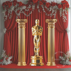 Decoração para festa temática de filme do Oscar Ideia de noite de aniversário Coluna dourada Estátua dourada Cenário de ação de câmera Noite de filme Decoração com recorte de impressão UV