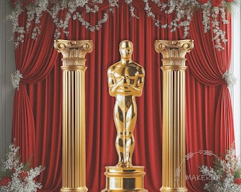 Oscar Movie Themed Party Decoration Birthday Night Idea Gold Column Golden Statue Camera Action Backdrop Movie Night UV Print Cutout Decor