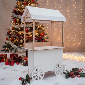 Trägodisvagn vit stativ display bar födelsedag julmarknad salong produkt tårta catering bord led hjul fest topp dekor dekorationer