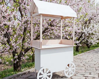 Carrito de dulces de madera blanco, expositor para cumpleaños, bodas, Navidad, mercado, productos, soporte para pasteles, comida, catering, eventos, ruedas, barra de dulces, decoración para fiestas