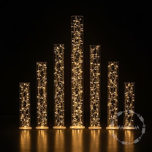 May include: Seven clear, cylindrical decorative lights filled with warm white fairy lights. The lights are arranged in a row, with varying heights, creating a visually appealing display. The lights are on a dark background.