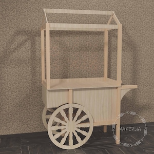 Hölzerner Candy Servierwagen süßer Stand Produkt Tortendeko Hochzeit Geburtstagsparty Blumen Floral Markt Gastronomie Bar Event Zelt Tisch Räder Dekor