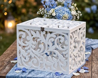 Wedding Card Box White Wood Envelope Holder with Latch Elegant Money Reception Rustic Floral Decor Filigree Openwork Wooden Keepsake Gift