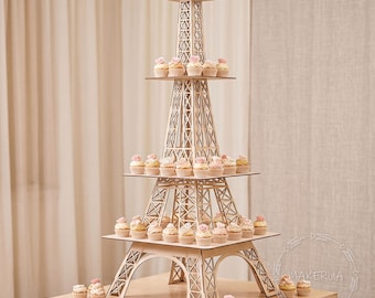 Unique giant 7ft wooden Eiffel Tower stand display for luxury goods gold products French food Paris vintage style Wedding tier cake decor