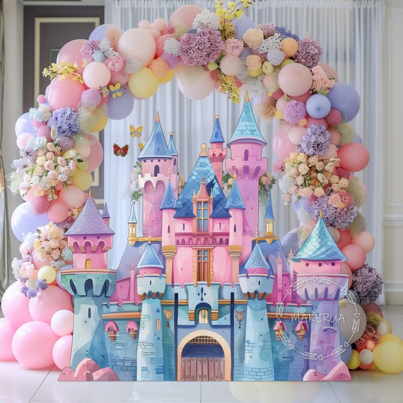 7x16ft Princess Castle Garage Door Cover - Blue Castle With Pink Flowers Outdoor Decor
