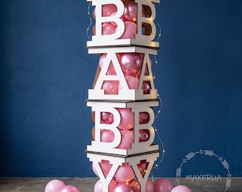Custom Name Сube Box Baby Shower Balloon Block Boxes Gender Reveal Decoration Backdrop Photo Prop White Wooden  Transparent with 3D Letter