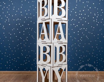 Custom Baby Shower Boxes with Letters, Balloon Boxes for Birthday, LOVE Wedding Boxes, White Wooden Party Decor Cubes, Personalised Name Box