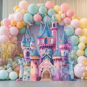 Decoraciones de cumpleaños de castillo de princesa, lindos accesorios de fiesta, fondo de tamaño real, arco de evento recortado, juguete para niños, casa de muñecas, primer cuento de hadas, decoración de tamaño real
