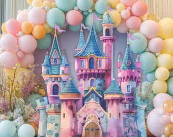 Fotohintergrund 'Prinzessin Geburtstag' – 2,2x1,5 M, Vinyl – Mit Luftballons, Schloss, Regenbogen – Für Kinderfotos, Studio, Partydekoration