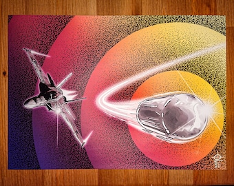 Könnte beinhalten: Eine Schwarzweißillustration eines Kampfjets, der durch einen Lichtkreis fliegt, vor einem Farbverlaufshintergrund aus Rosa, Orange und Gelb.