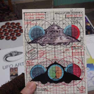 May include: A rectangular print featuring technical schematics of a bell-shaped flying saucer. The design includes hand-drawn illustrations, grid lines, and handwritten text such as "Analysis of Shape," "Domed Disc UFO," and "Metallic Surface."