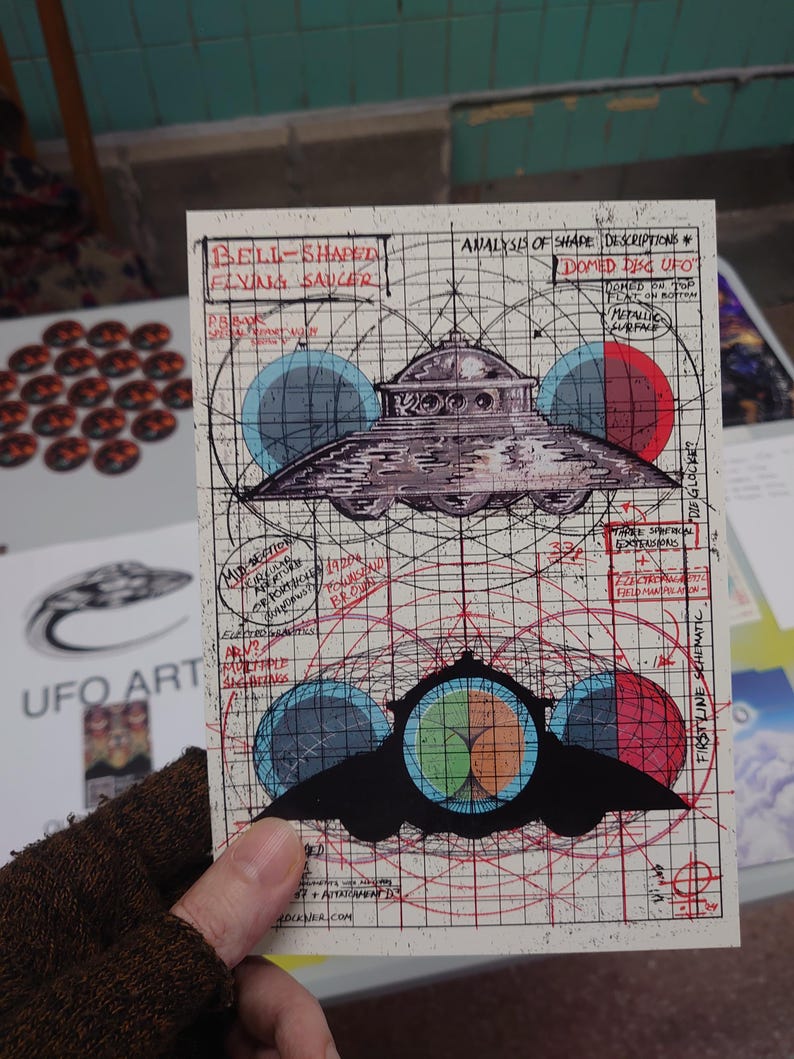 May include: A rectangular print featuring technical schematics of a bell-shaped flying saucer. The design includes hand-drawn illustrations, grid lines, and handwritten text such as "Analysis of Shape," "Domed Disc UFO," and "Metallic Surface."