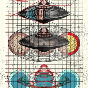 K&ouml;nnte beinhalten: Eine Schwarzwei&szlig;illustration einer fliegenden Untertasse mit dem Text "ACORN + TORUS" und "FLYING SAUCER" dar&uuml;ber. Die Illustration befindet sich auf einem karierten Hintergrund mit roten und schwarzen Linien. Der Text "1983, MAGENTA, ITALY" befindet sich in der oberen rechten Ecke.