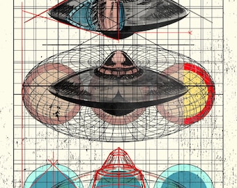 May include: A black and white illustration of a flying saucer with the text "ACORN + TORUS" and "FLYING SAUCER" above it. The illustration is on a gridded background with red and black lines. The text "1983, MAGENTA, ITALY" is in the upper right corner.