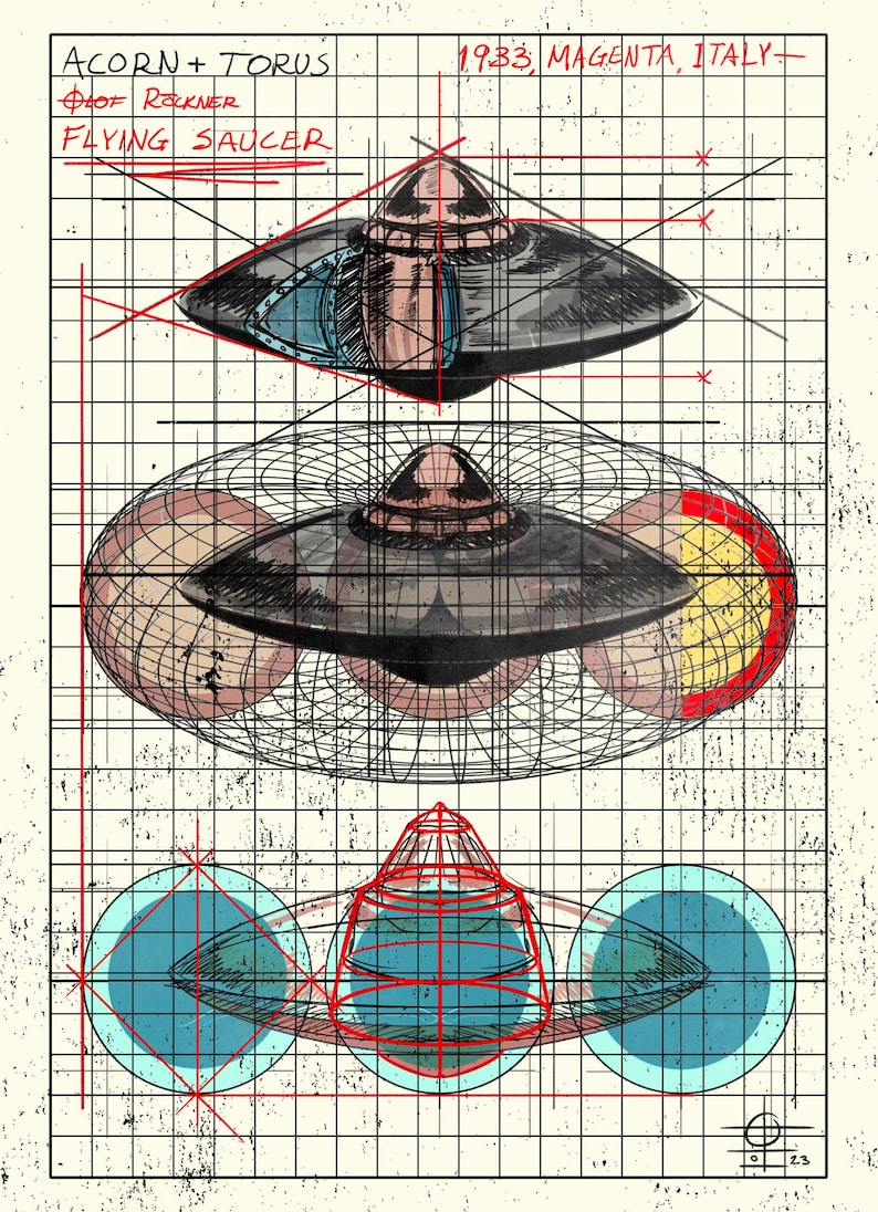 K&ouml;nnte beinhalten: Eine Schwarzwei&szlig;illustration einer fliegenden Untertasse mit dem Text "ACORN + TORUS" und "FLYING SAUCER" dar&uuml;ber. Die Illustration befindet sich auf einem karierten Hintergrund mit roten und schwarzen Linien. Der Text "1983, MAGENTA, ITALY" befindet sich in der oberen rechten Ecke.