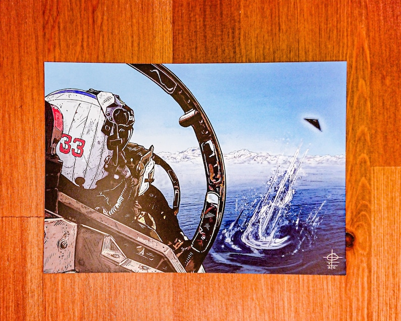 May include: A close-up view from inside a fighter jet cockpit. The pilot is wearing a helmet with the number 33 on it. The view outside the cockpit shows a blue sky, white clouds, and a dark triangular object flying in the distance. The object is leaving a trail of white smoke behind it.