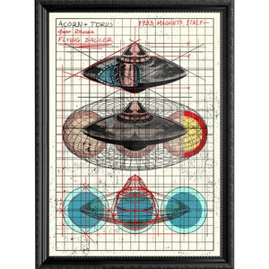 K&ouml;nnte beinhalten: Eine Vintage-Illustration eines fliegenden Untertassen-Designs, beschriftet mit "ACORN + TORUS" und "FLYING SAUCER", mit dem Text "1983, MAGENTA, ITALIEN" in der oberen rechten Ecke. Die Illustration befindet sich auf einem karierten Hintergrund und zeigt die Untertasse in drei verschiedenen Entwicklungsstadien.