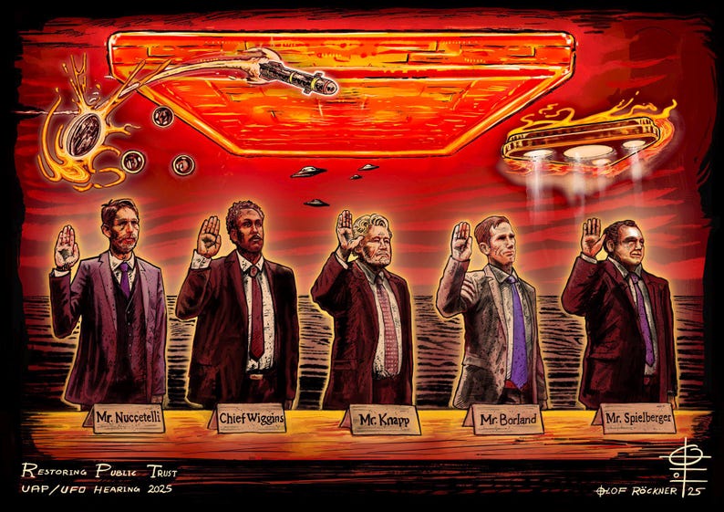 Op de afbeelding: Een digitale illustratie van vijf personen in pak die hun rechterhand opsteken, met naamplaatjes voor Mr. Nuccetelli, Chief Wiggins, Mr. Knapp, Mr. Borland en Mr. Spielberger. Boven hen een rode lucht met UFO's en de tekst Restoring Public Trust UAP/UFO Hearing 2025.