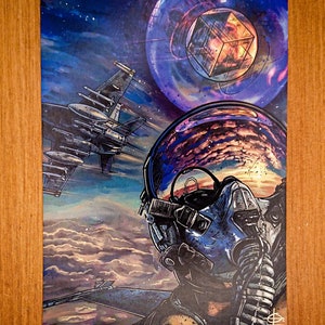 May include: A digital illustration of a pilot wearing a blue helmet and oxygen mask, looking out of a fighter jet cockpit. The jet is flying through a cloudy sky with a glowing geometric shape in the background.