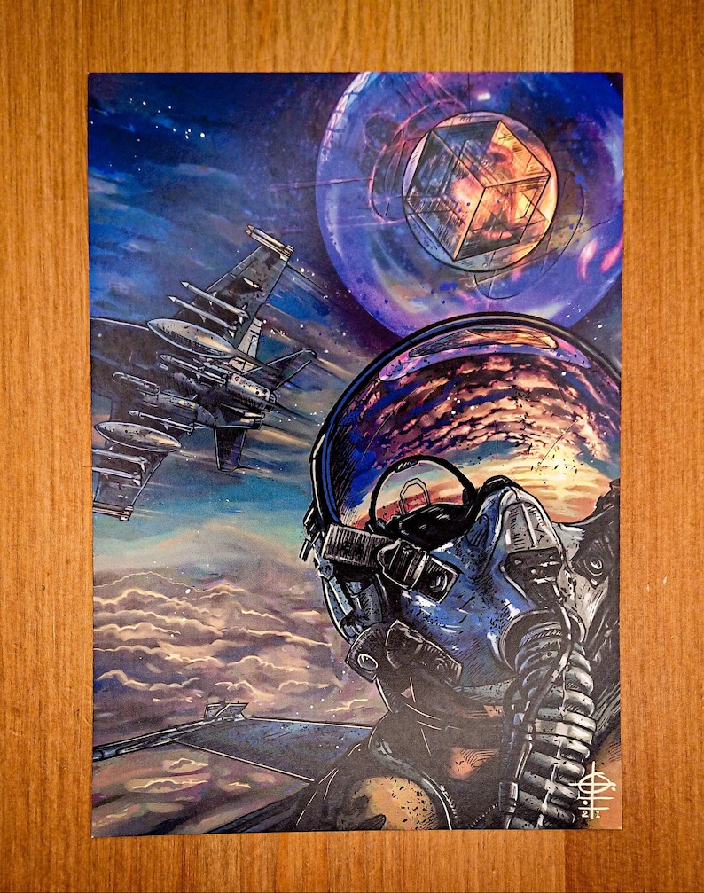 May include: A digital illustration of a pilot wearing a blue helmet and oxygen mask, looking out of a fighter jet cockpit. The jet is flying through a cloudy sky with a glowing geometric shape in the background.