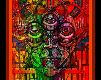May include: A colorful, abstract digital art piece featuring a face with three eyes, surrounded by geometric shapes and patterns. The artwork is dominated by shades of red, orange, green, and blue.