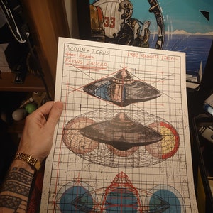 K&ouml;nnte beinhalten: Eine Schwarzwei&szlig;zeichnung einer fliegenden Untertasse mit einem &uuml;berlagerten Gittermuster. Die Zeichnung ist mit "ACORN + TORUS", "PROF. ROCKNER", "FLYING SAUCER" und "1983, MAGENTA, ITALY" beschriftet.