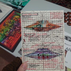 May include: A rectangular print featuring technical diagrams of a flying saucer, labeled Sport Model Specs, Bob Lazar, and Element 115. The artwork includes hand-drawn sketches, red and black grid lines, and handwritten notes on a cream-colored background.